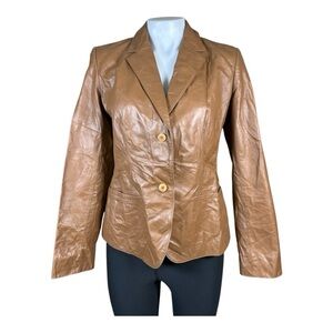 Jones New York Jacket Brown 100% Leather Collared Buttons Pockets Lined Size 6